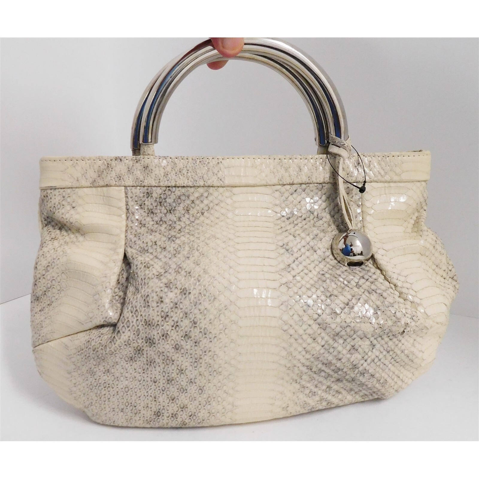 Furla Italy Beige Gray Watersnake Print Leather Metal Handle Tote Bag